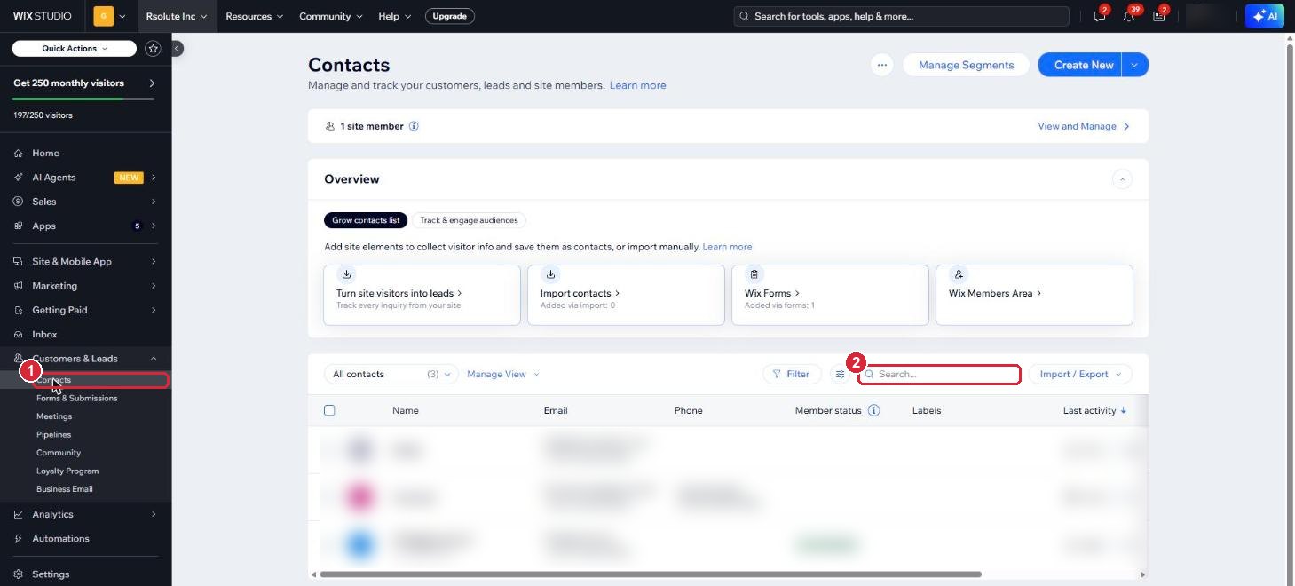The Contacts page, with the Contacts menu item and search box marked and the contact list blurred for privacy