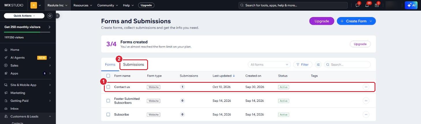 Forms and Submissions page with the Contact us form and the Submissions tab marked