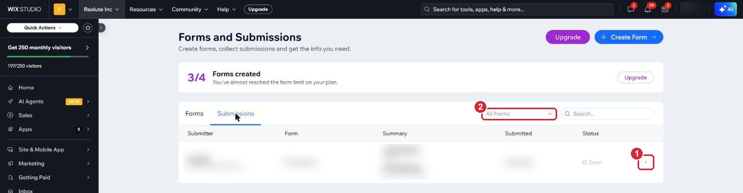 The Submissions tab with one enquiry blurred for privacy, and the open arrow and form filter marked