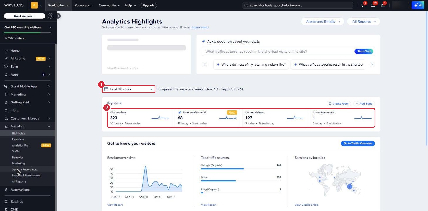 The Analytics Highlights page with the date range and key stats marked