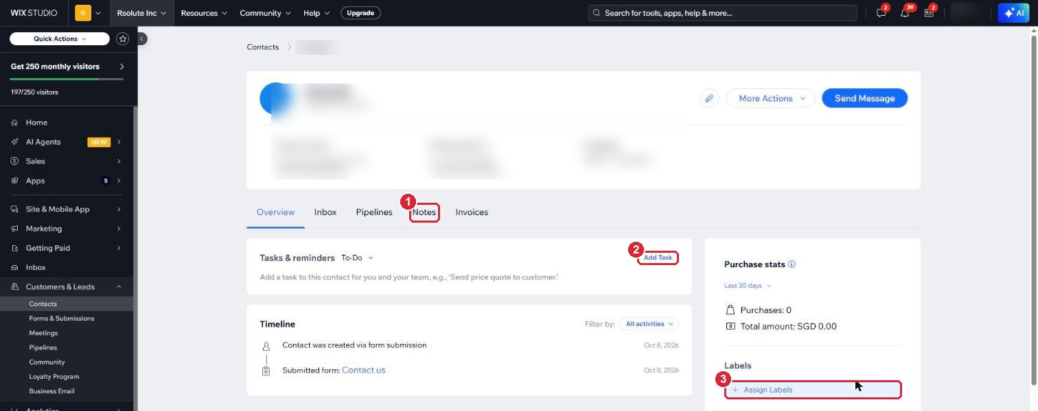 A contact's page with the details blurred for privacy, and the Notes tab, Add Task and Assign Labels marked
