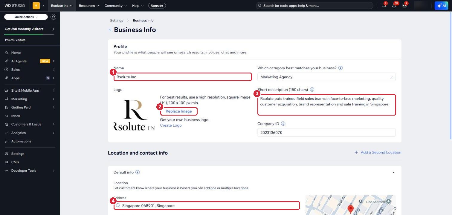 The Business Info page with the Name, Replace Image, Short description and Address fields marked